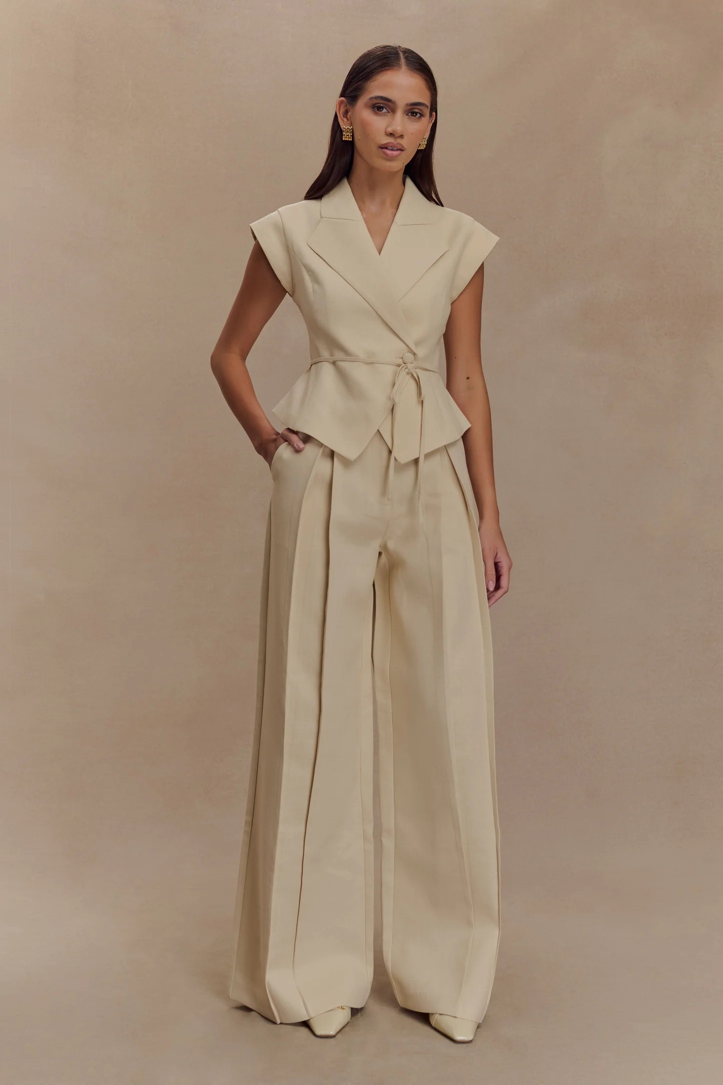 Raya Mid Rise Wide Leg Linen Pant - Natural Beige | Meshki UK