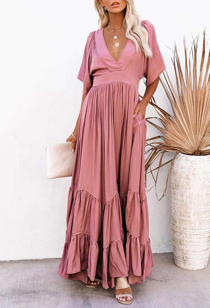 Pink Wind Women's V Neck Ruffle Flowy Maxi Dress Casual Batwing Sleeve Tiered Long Summer Dresses | Amazon (US)