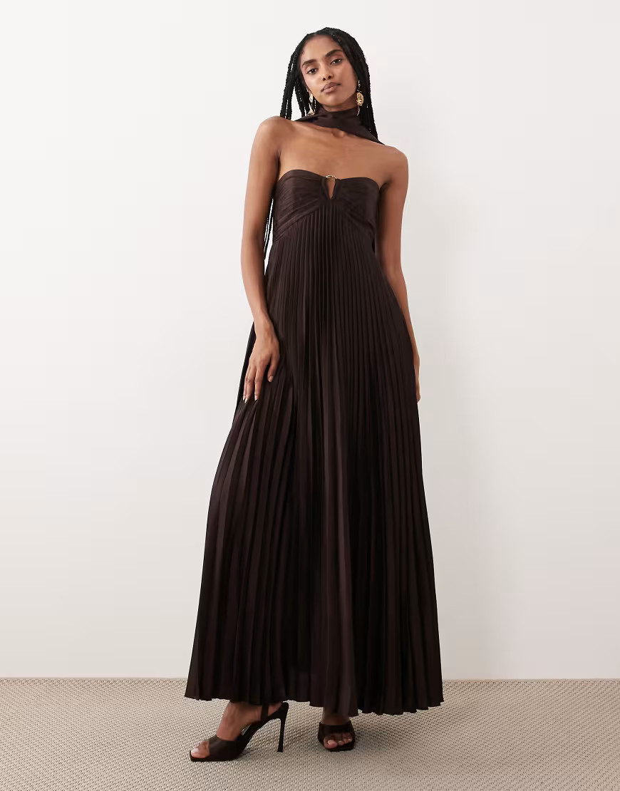 Abercrombie & Fitch strapless scarf babydoll maxi dress in brown | ASOS (Global)