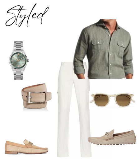 Men’s spring elevated casual outfit.  Linen shirt cuffed with tailored utility pants gives the perfect polished spring style. Pair with drivers or loafers to elevate. Styled with sunglasses, neutral suede belt and watch.

#LTKSeasonal #LTKmens #LTKshoecrush