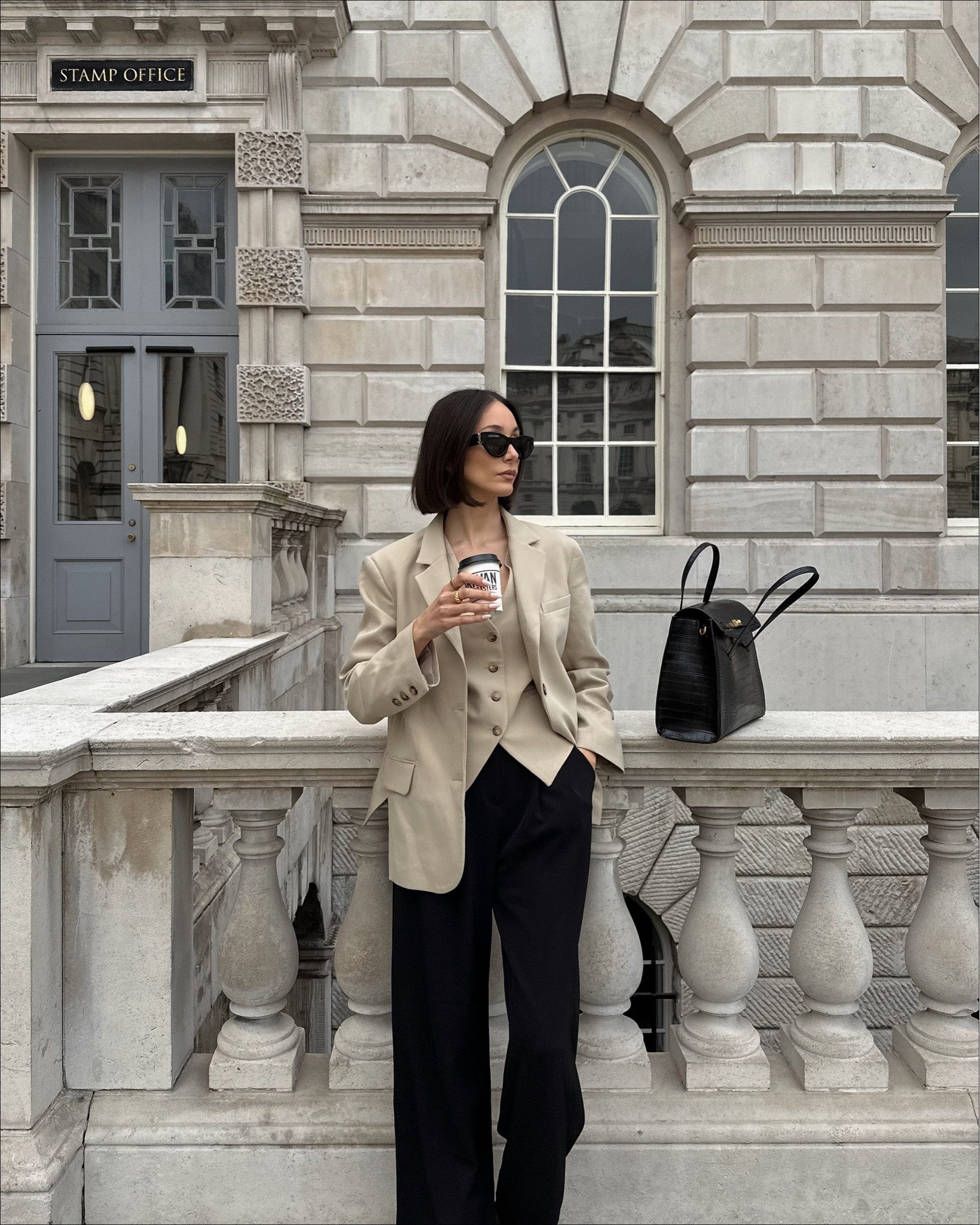 Office outfit inspo, co-ord, waistcoat, linen blazer, wide leg trousers, tailored trousers, high waisted trousers, beige blazer, Saint Laurent sunglasses, cat eye sunglasses, city break, black bag, croc bag, mango, H&M, cos, Arket

#LTKSeasonal #LTKfit #LTKeurope