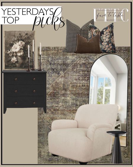 Yesterday’s Top Picks. Follow @farmtotablecreations on Instagram for more inspirational.

Loloi Amber Lewis x Morgan Spice/Lagoon. BeautyPeak Arch Mirror. Delta Children Epic 3 Drawer Dresser with Interlocking Drawers - Greenguard Gold Certified, Black Delta Children Epic 3 Drawer Dresser with Interlocking Drawers - Greenguard Gold Certified. Holthaus 3 - Drawer Dresser Wayfair. Better Homes & Gardens Waylen Accent Chair, by Dave & Jenny Marrs. Bozovich Solid Wood End Table. Moody Vintage Still Life | White Flowers Watercolor Painting | Vintage Printable Wall Art. Easton Forged Candlesticks, Pottery Barn. Pillow Cover Combo Brown Pillow Cover Set Moody Pillow Cover Set Tapestry Pillow. 

Living Room | Breakfast Nook | Amazon Home | Target Sale | Loloi Rugs | Magnolia Home | console table | console table styling | faux stems | entryway space | home decor finds | neutral decor | entryway decor | cozy home | affordable decor |  | home decor | home inspiration | spring stems | spring console | spring vignette | spring decor | spring decorations | console styling | entryway rug | cozy moody home | moody decor | neutral home



#LTKFindsUnder50 #LTKSaleAlert #LTKHome
