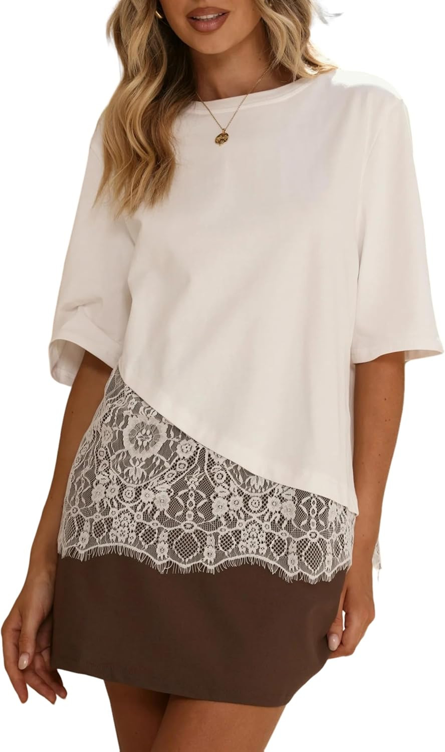 Womens Lace Patchwork Top Short Sleeve Crew Neck Asymmetric Hem Relaxed Fit Lace Blouses Casual T Shirt | Amazon (US)