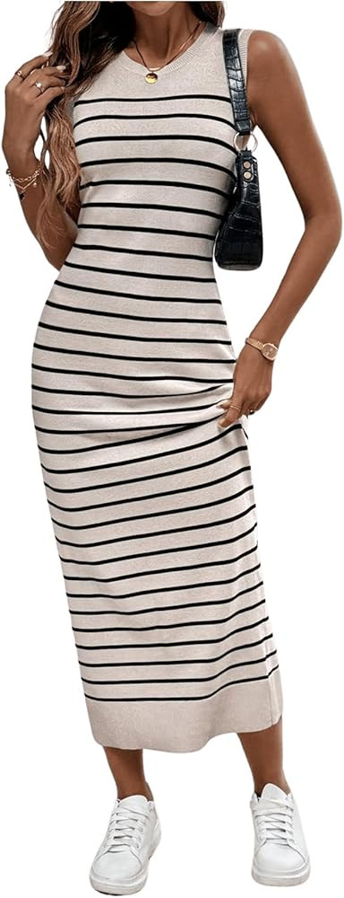 SOLY HUX Women's Striped Tank Dress Knit Sleeveless Crewneck Bodycon Casual Midi Dresses | Amazon (US)
