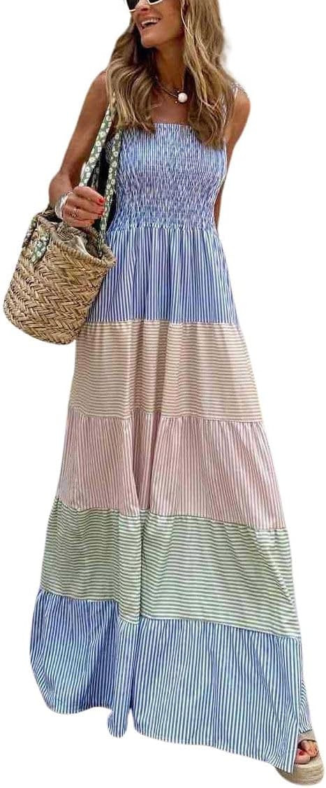 chouyatou Women's Color Block Striped Smocked Maxi Dress Sexy Spaghetti Strap Tiered Flowy Beach ... | Amazon (US)