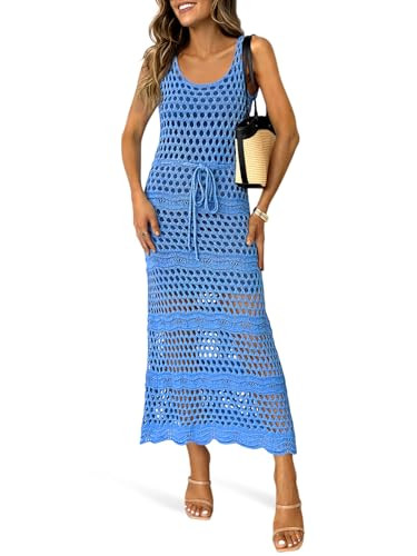 Saodimallsu Womens Crochet Beach Cover Up Dress Sleeveless Scoop Neck Drawstring Long Dresses Sum... | Amazon (US)