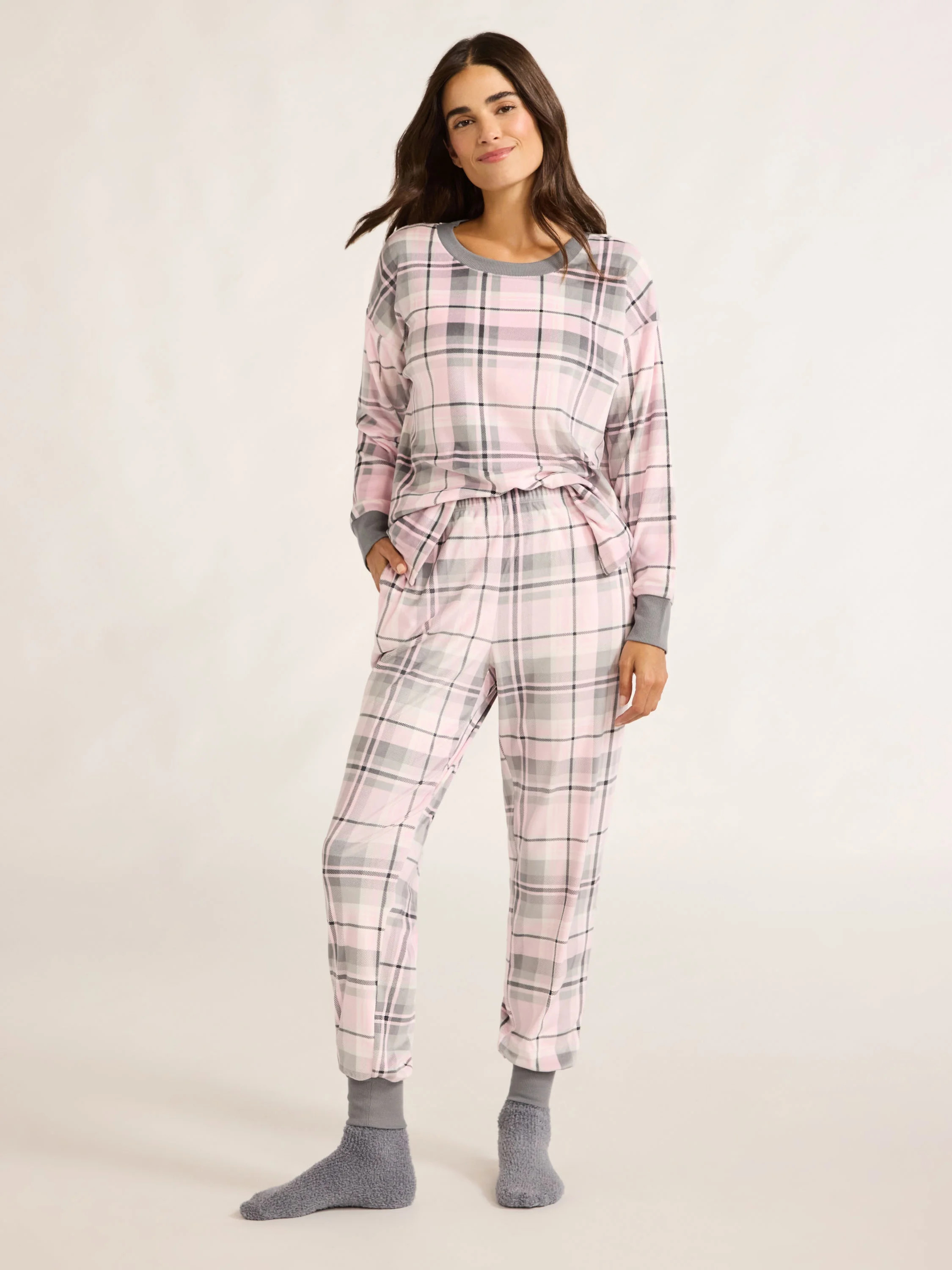 Joyspun Women's Stretch Velour Pajama Set with Socks, 3-Piece, Sizes XS-3X | Walmart (US)