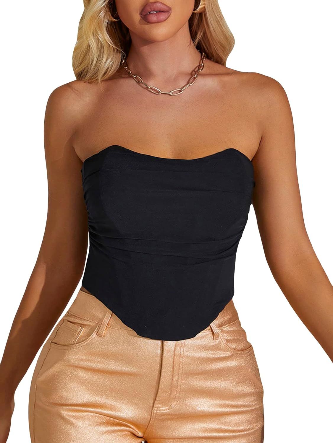 OYOANGLE Women's Strapless Lace Up Back Ruched Asymmetrical Hem Corset Crop Tube Top | Amazon (US)