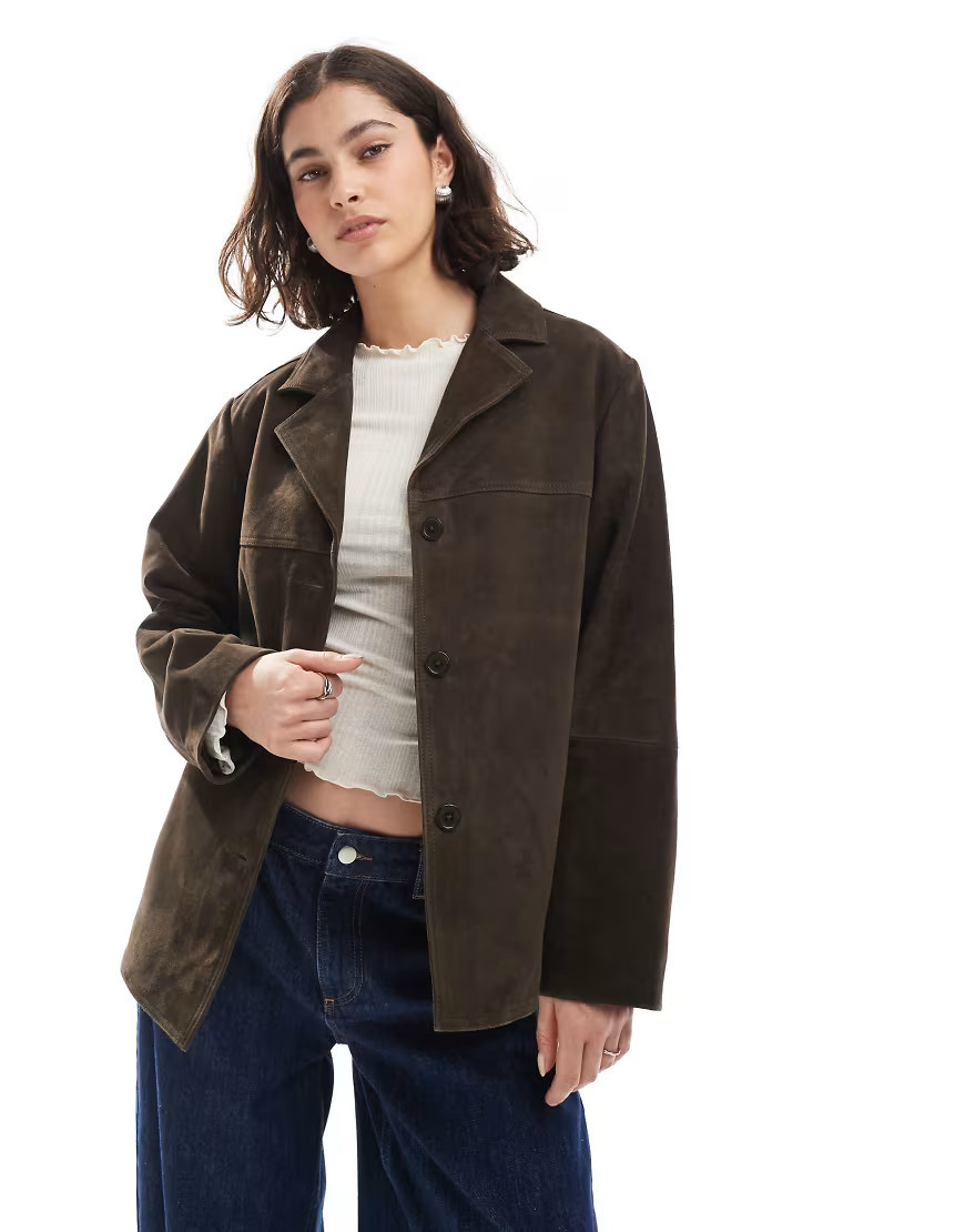 ASOS DESIGN real suede 70s jacket in dark mocha-Brown | ASOS (Global)