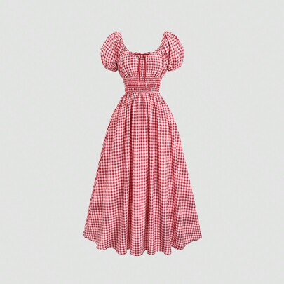 Women's Red Gingham Picnic Dress: Sweet Milkmaid Style With Puff Sleeves And Cinched Waist | SHEIN