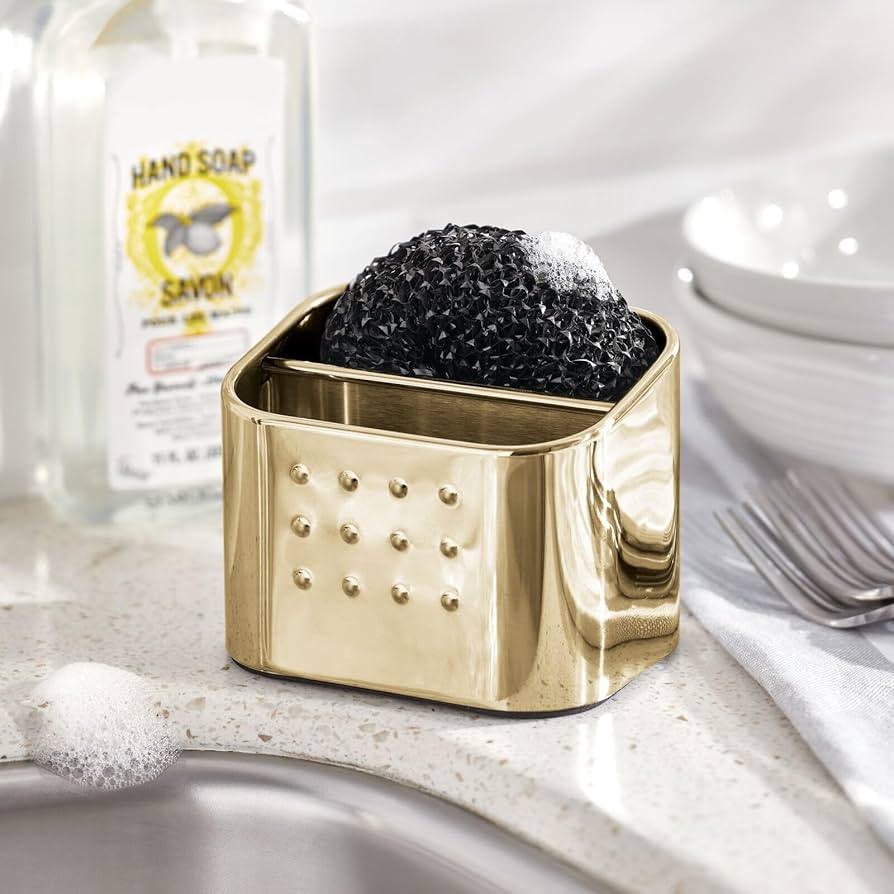 mDesign Modern Metal Farmhouse Kitchen Sink Storage Organizer Caddy - Small Holder for Sponges, Soaps, Scrubbers - Use in Kitchen, Laundry, Utility Room, Bathroom - Stainless Steel - Soft Brass | Amazon (US)