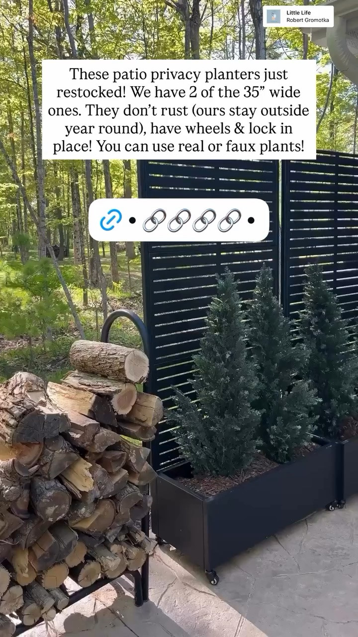These patio privacy planters just restocked! We have 2 of the 35” wide ones. They don’t rust (ours stay outside year round), have wheels & lock in place! You can use real or faux plants!