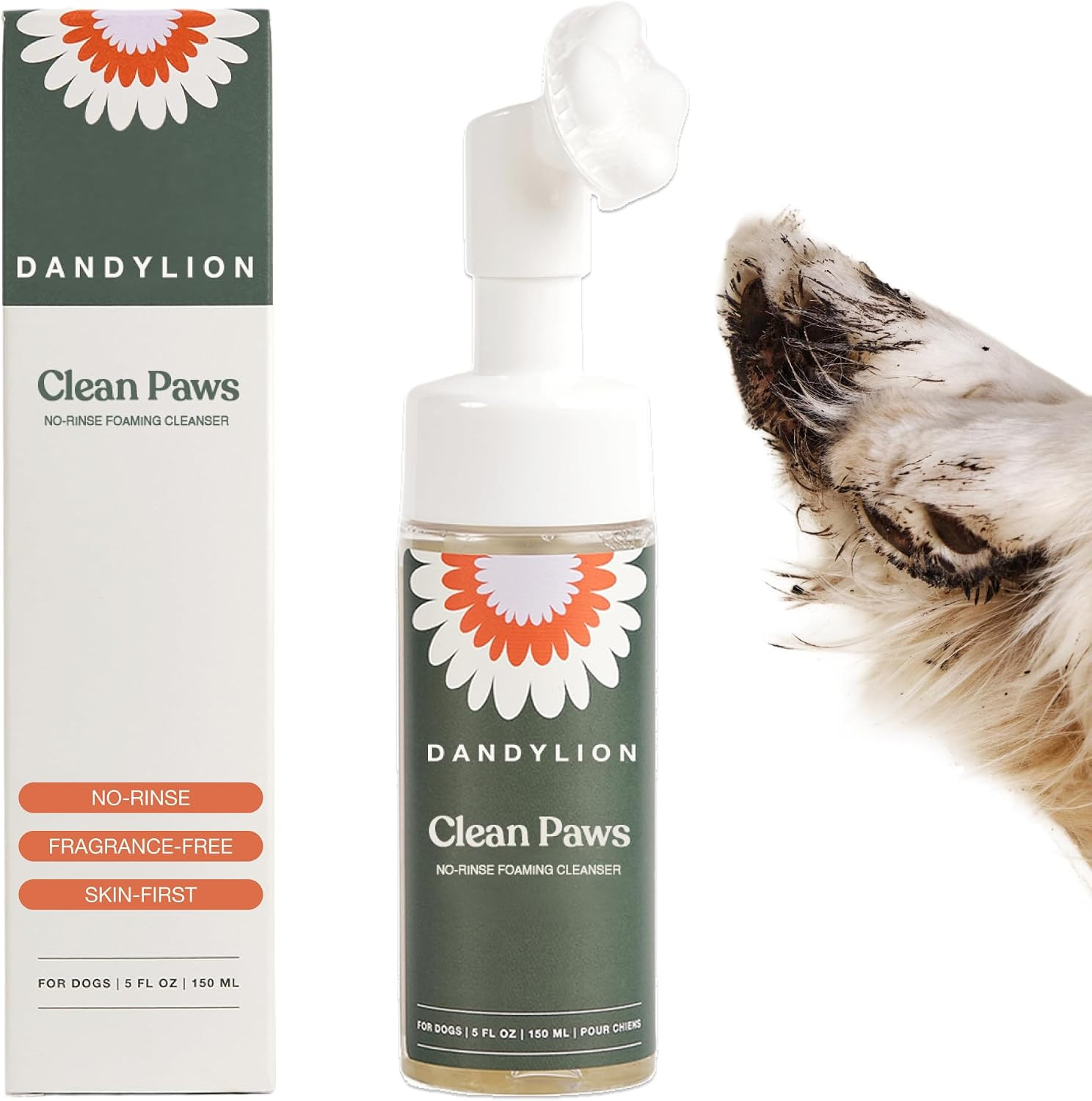 Dandylion Clean Paws | No-Rinse Foaming Cleanser | Gentle, Fragrance-Free, and pH Balanced to Provide a deep Clean Safe for All Dogs | 5fl oz. Bottle with Silicone Bristle Brush | Amazon (US)