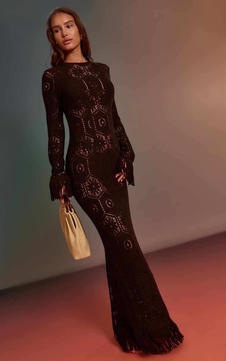Espresso Crochet Tassel Hem Maxi Beach Dress | PrettyLittleThing US