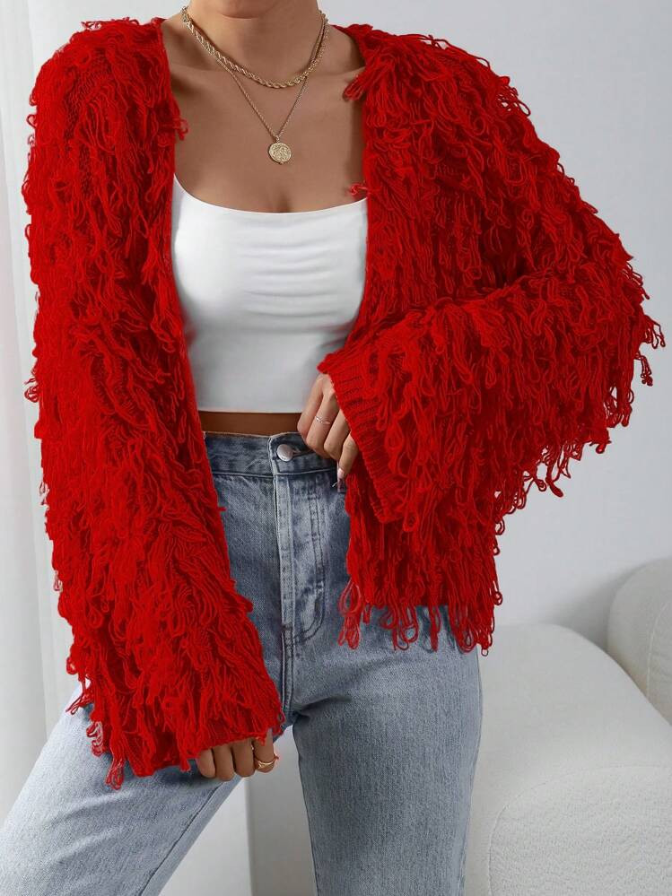 Solid Color Fringe Decor Casual Versatile Long Sleeve Cardigan For New Year Clothes | SHEIN