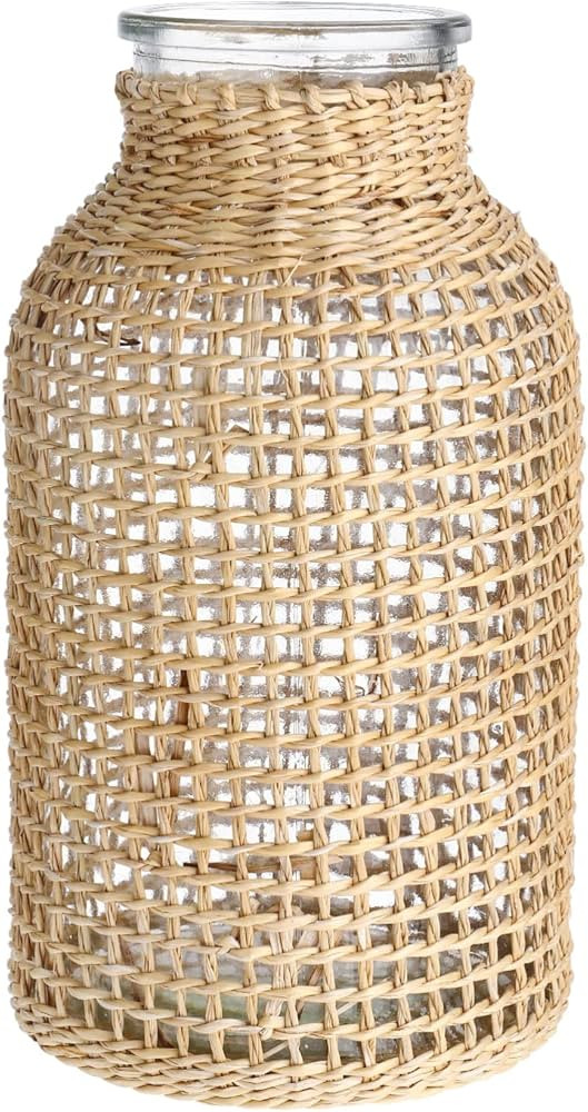 Boho Glass Flower Vase with Rattan Cover, Farmhouse Flower Bud Vase, Round Decorative Flower Vase... | Amazon (US)