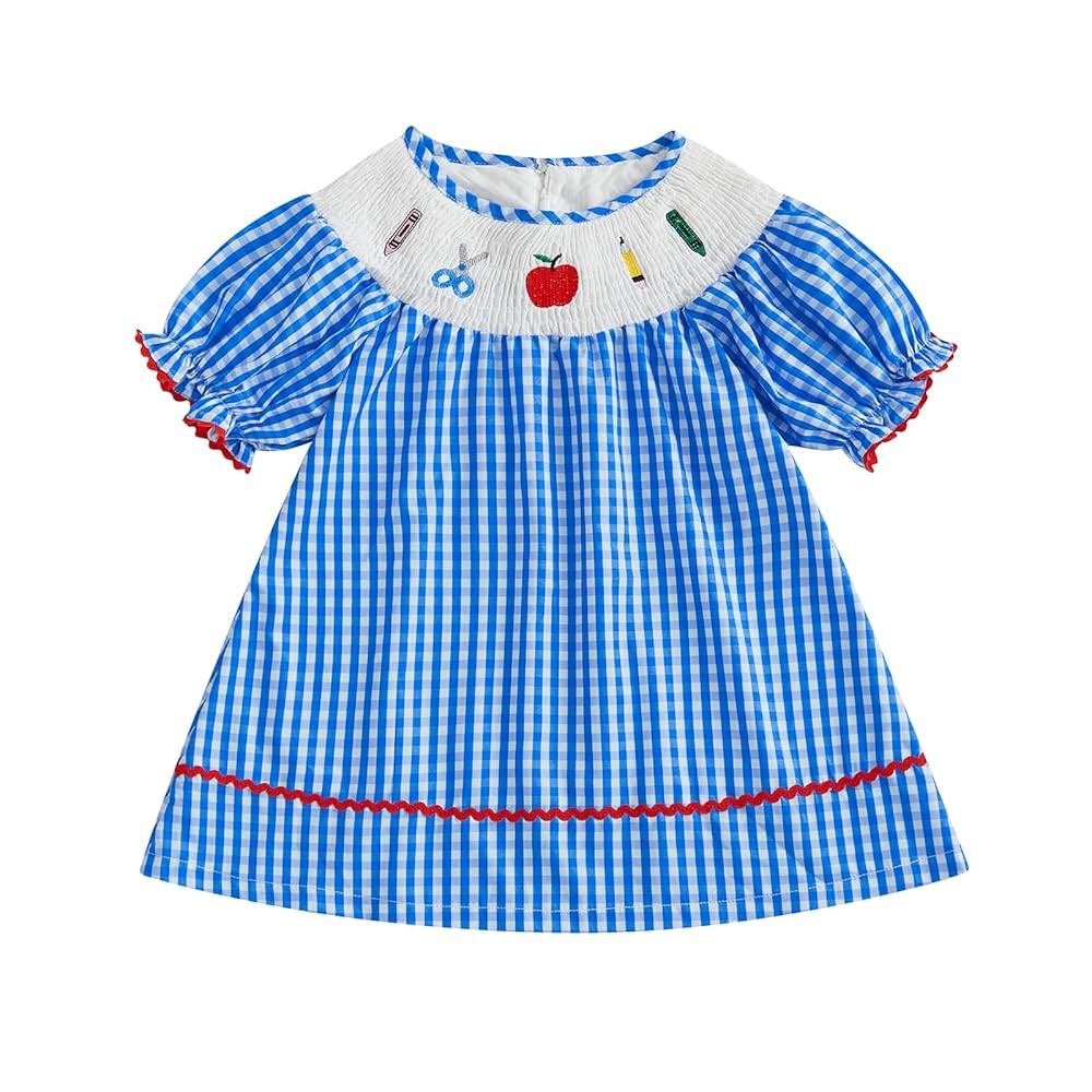 Toddler Baby Girl Back to School Outfit First Day of School Pre K Plaid Short Sleeve Smocked Dres... | Amazon (US)