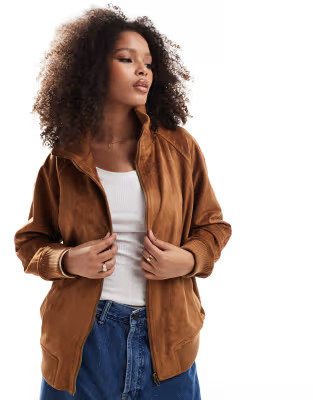 ASOS DESIGN suedette funnel neck  bomber jacket in tan | ASOS (Global)