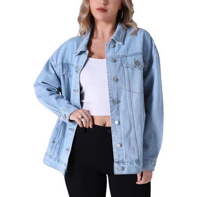 INSPIRE CHIC Women's Long Sleeve Turndown Collar Button Down Oversized Denim Jacket with Pockets Light Blue X-Large | Target