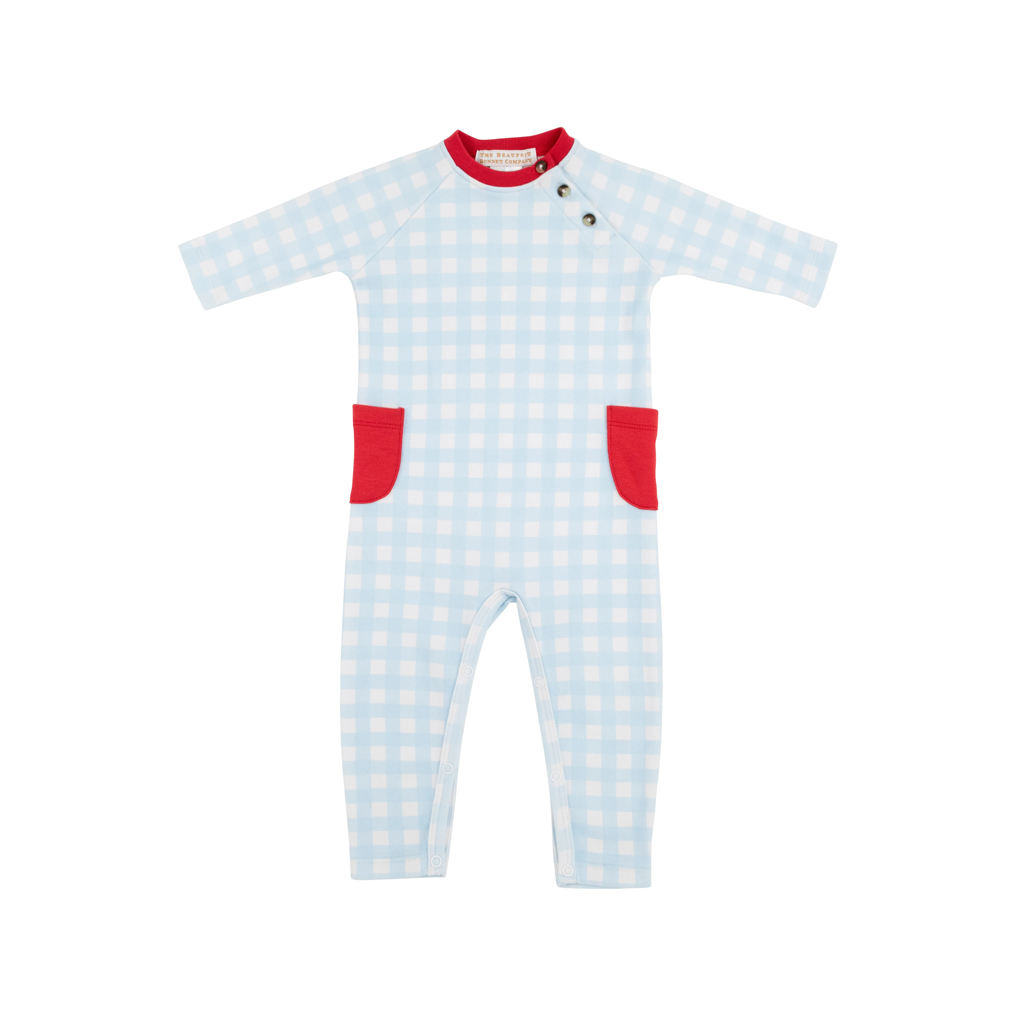 Rayburn Romper - Buckhead Blue Gingham with Richmond Red | The Beaufort Bonnet Company