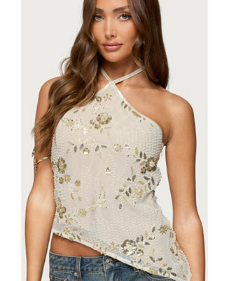 Womens Beaded Sequin Asymmetric Halter Top | Macy's