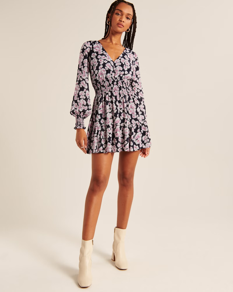 Women's Long-Sleeve Smocked Waist Mini Dress | Women's Dresses & Jumpsuits | Abercrombie.com | Abercrombie & Fitch (US)