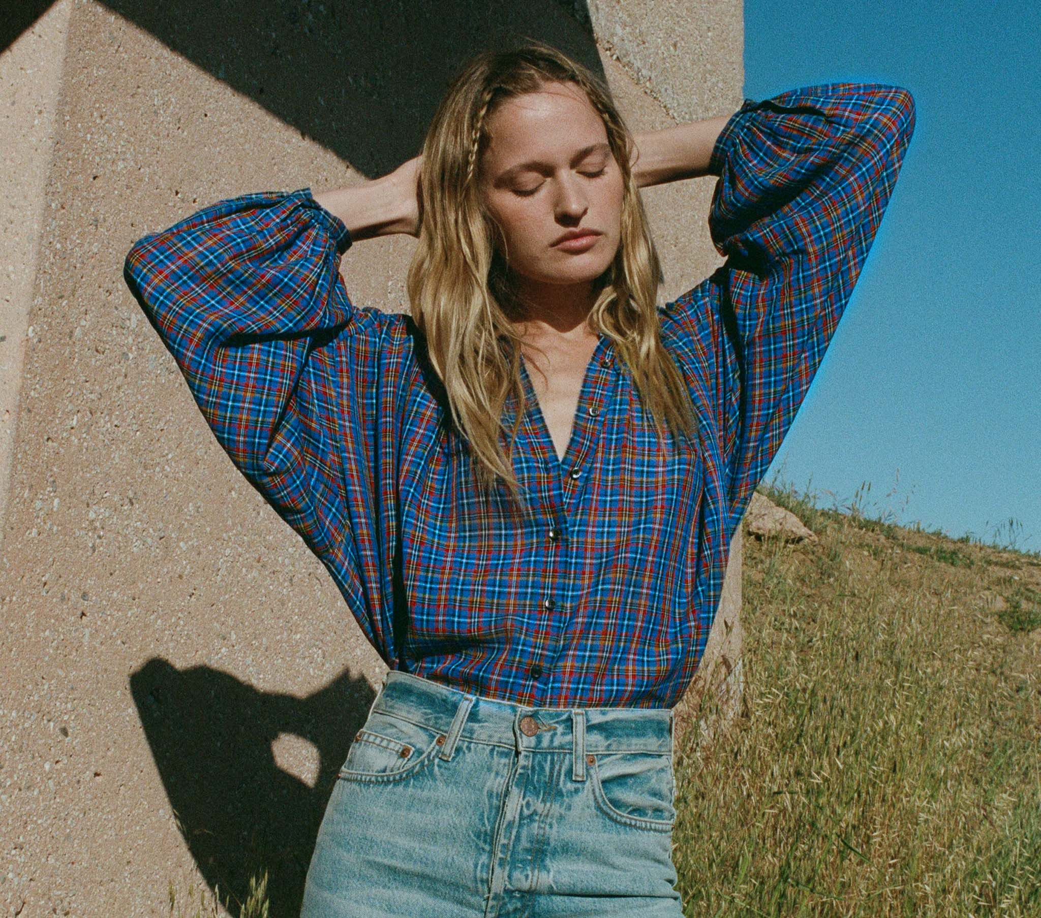 The Jane Blouse - Azure French Plaid | DÔEN | DOEN