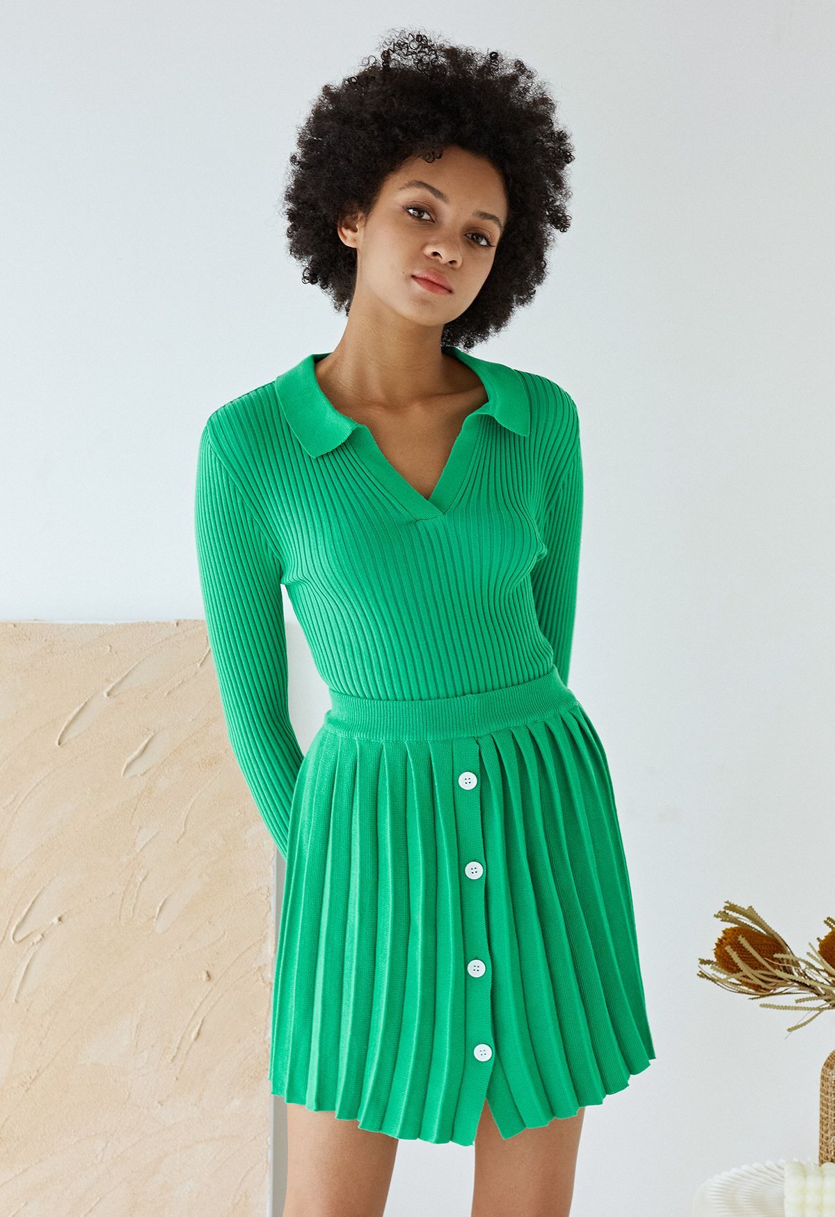 Collared V-Neck Knit Top and Pleated Skirt Set in Green | Chicwish