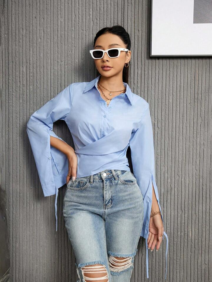 Aveloria Women High-End Design Crossed Strap Waistband And Split Sleeves Long-Sleeved Shirt | SHEIN