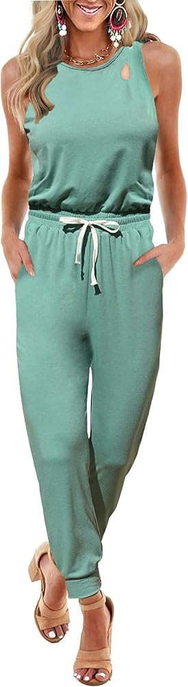 KIRUNDO Women’s Summer Cutout Solid Sleeveless Jumpsuit Crewneck Drawstring Elasitic Waist Long Romp | Amazon (US)