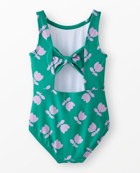 Girls' Tossed Tulips On Green One-Piece Bow Back Swimsuit - Size Big Kids 12 by Hanna Andersson | Hanna Andersson