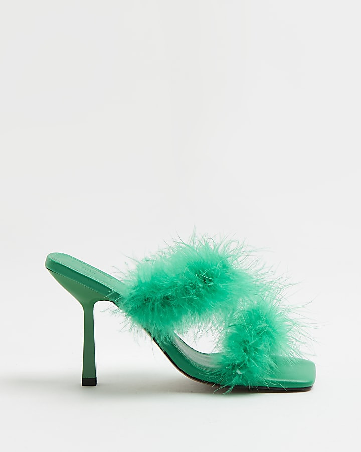 Green feather heeled mules | River Island (UK & IE)