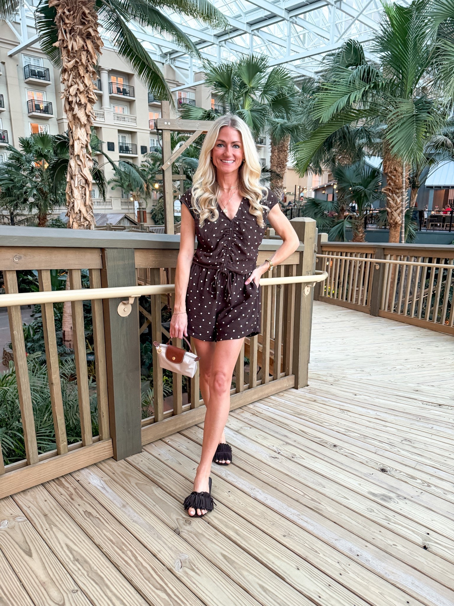 Linen brown and white polka dot matching set from Target! Ruching down the middle with a tie at the waist band. Shorts also have a drawstring and pockets. Fringe brown sandals 

#LTKmomlife #LTKootd #LTKgrwm