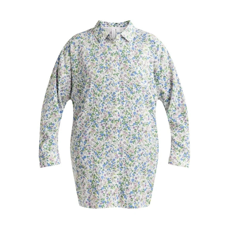 Joyspun Women’s Woven Long Sleeve Button Front Sleepshirt, Sizes XS-3X | Walmart (US)