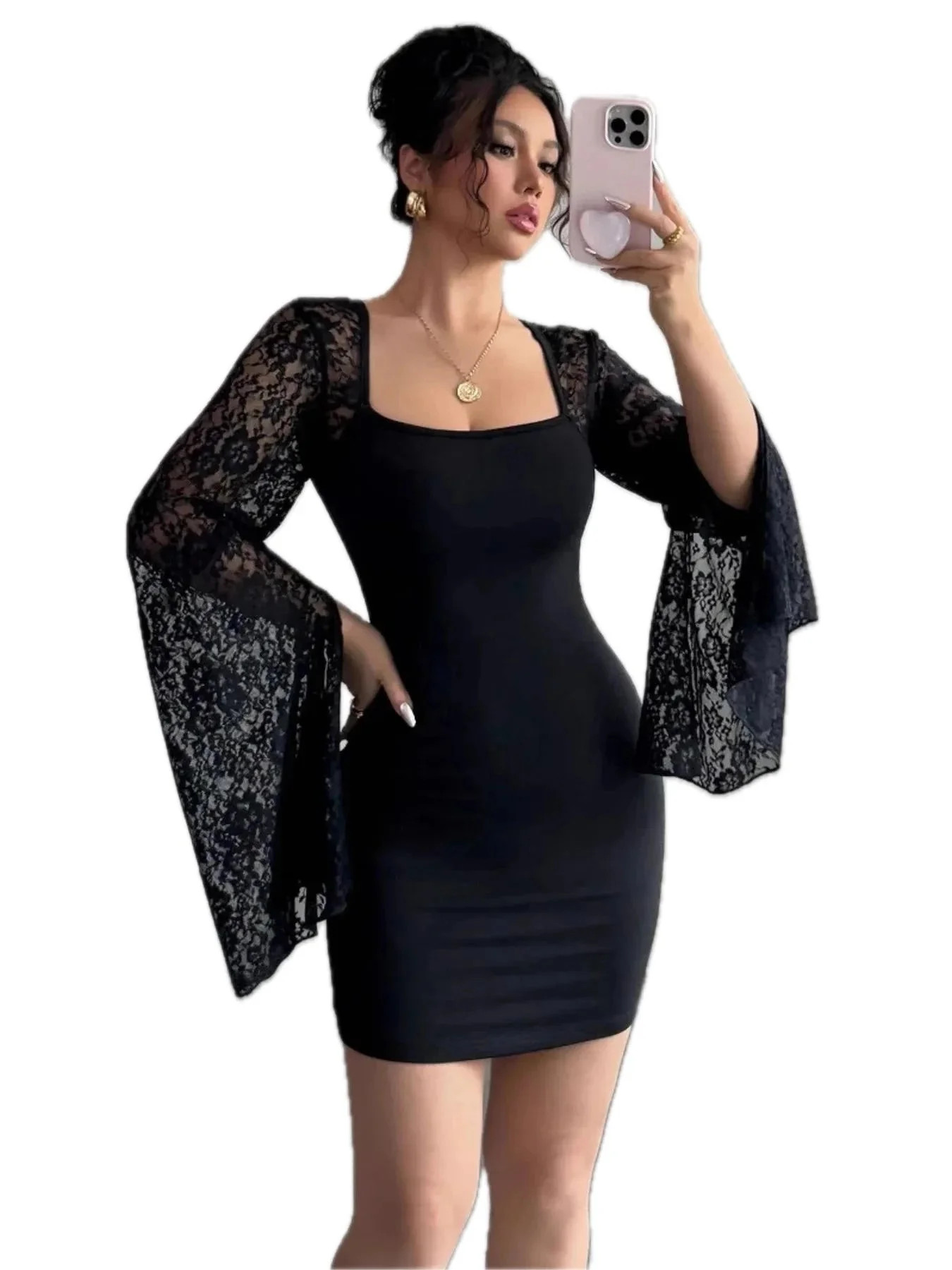 Women's Square Neck Lace Bell Sleeve Bodycon Dress with Slit Ninety Five Percent Polyester and Fi... | Walmart (US)