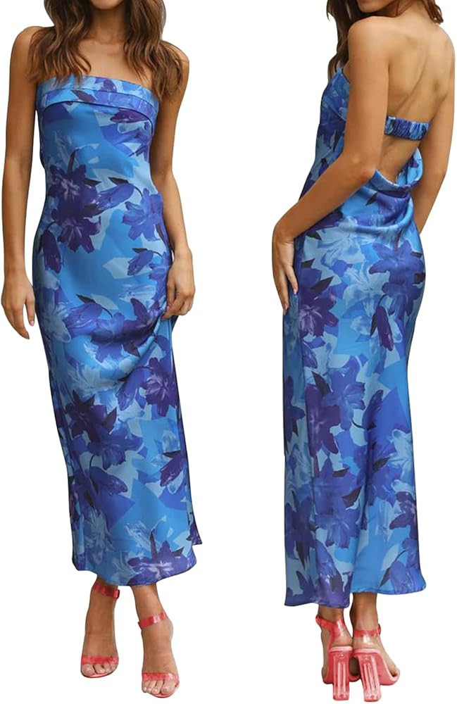 Women's Sexy Satin Tube Maxi Dress Elegant Silk Strapless Open Back Party Cocktail Wedding Guest ... | Amazon (US)