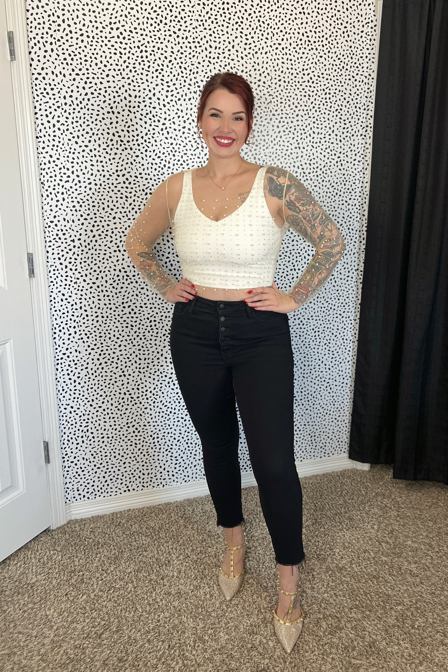 Sheer long sleeve top with pearls and gems// wearing large•
White crop sports bra// wearing large• high waist black jeans// size 10• studded/sparkly kitten heel

#LTKHoliday #LTKMidsize #LTKParties