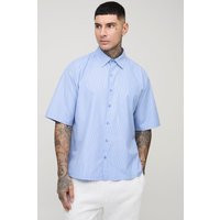 Mens Blue Tall Oversized Stripe Poplin Pocket Front Short Sleeve Shirt, Blue | boohooMAN (DE, IE & UK)