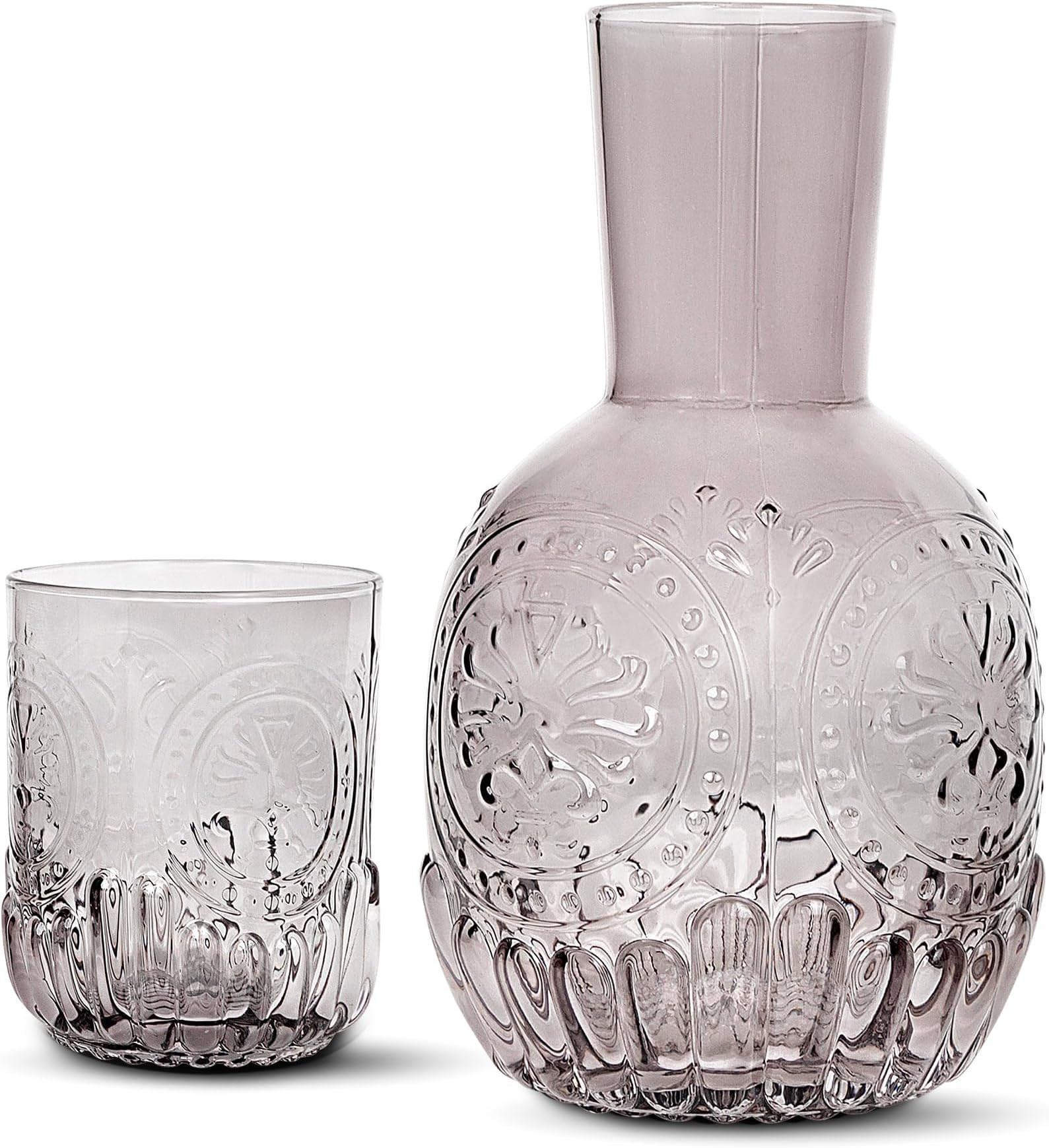 elle decor 2 Pc Carafe Set | Bedside Night Water Carafe | Glass Pitcher and Cup that Doubles as a Lid | Glass Tumbler Perfect for Storing Water, Juice, and Other Drinks on Desktop/Shelf (Gray) | Amazon (US)