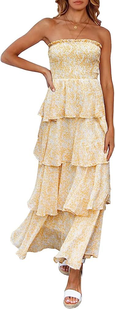 YORGOS Women's Summer Strapless Floral Ruffles Tiered Maxi Dress Smocked Boho Chiffon Long Dress | Amazon (US)