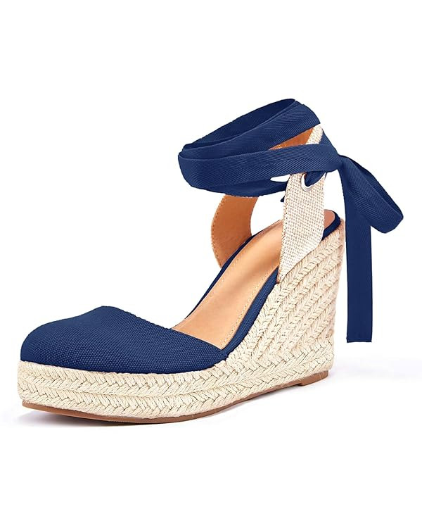 Women's Espadrille Wedge Sandals Closed Toe Lace Up Platform Ankle Wrap Summer Casual Shoes | Amazon (US)