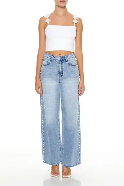 Faux Pearl Wide-Leg Jeans | Forever 21