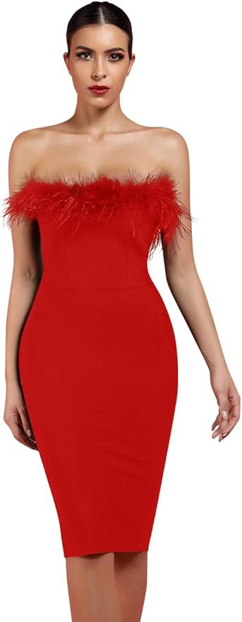 whoinshop Women's Sexy Off Shoulder Feather Bandage Evening Club Party Dress | Amazon (US)