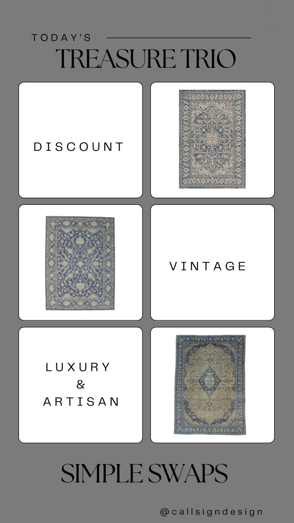A softly patterned blue rug that brings warmth, history, and quiet character to a space. Timeless in palette and design, it grounds a room beautifully while layering in texture and lived-in charm.

#CallSignDesign #Vintage #Luxury #InteriorDesign #InteriorDecorating #Elegance #Chandelier #OldWorldCharm #DesignStyle #CastleCore #OldWorldCharm  #SimpleSwaps