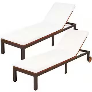 2-Pieces Acacia Wood Outdoor Chaise Lounge with Beige Bean Cushions | The Home Depot