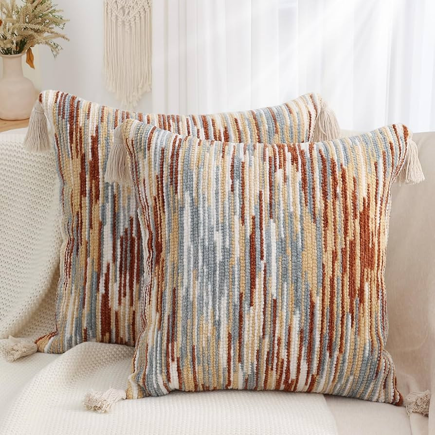 Simmore Fall Boho Decorative Throw Pillow Covers 18x18 Set of 2, Tufted Farmhouse Pillow Covers w... | Amazon (US)