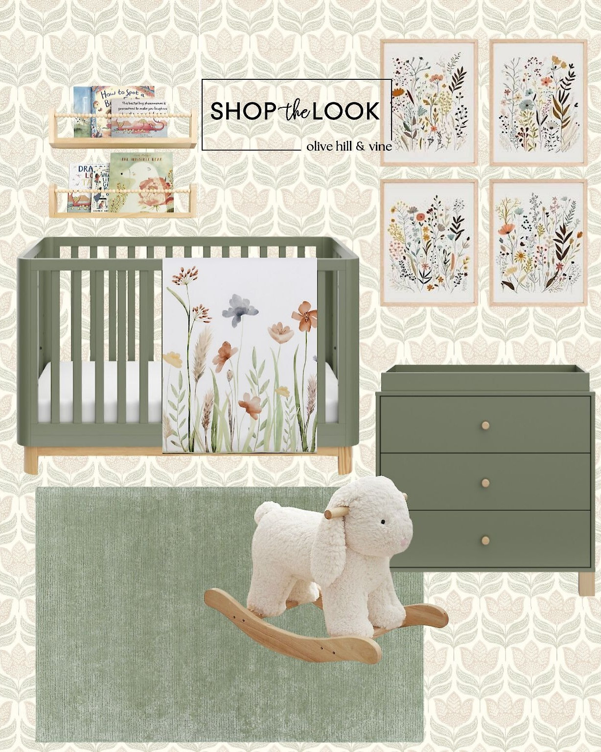 We’re obsessing over this sweet nursery with an olive-green palette and just the right hint of pink! The tulip wallpaper, botanical bedding, and beaded wall shelves bring charm, while the modern crib and sherpa bunny rocker make it as stylish as it is cozy.  

 

#LTKHome #LTKBaby #LTKBump