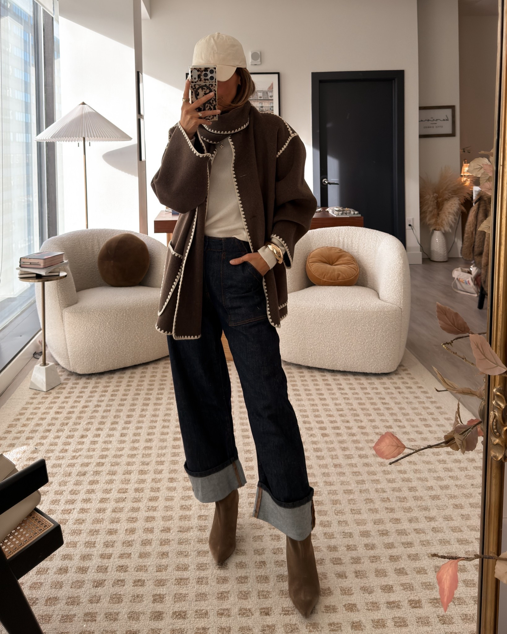 Styling this embroidered scarf coat with a pair of carpenter jeans and a thin cashmere crewneck both size small, jeans 25, Zara suede boots 
Winter outfit 
Scarf coat outfit 

#LTKSeasonal #LTKOver40 #LTKootd