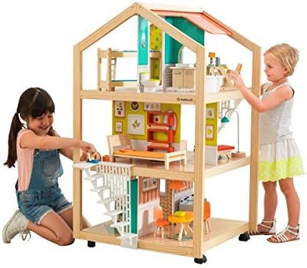 KidKraft So Stylish Mansion Wooden Mid-Century Dollhouse with EZ Kraft Assembly, Open-Concept, Wheel | Amazon (US)