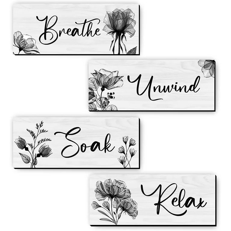 CELIVESGG 4 Pieces Bathroom Wall Decor, Black/White, Flower Wall Art Wooden Hanging for Gallery W... | Walmart (US)